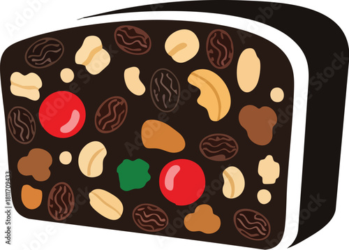 A rich, dark fruitcake loaf filled with an assortment of colorful dried fruits and nuts, depicted in a stylized illustration.