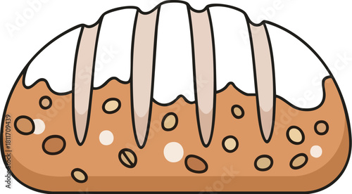A cartoon illustration of a sweet baked loaf of bread with white icing and nuts.