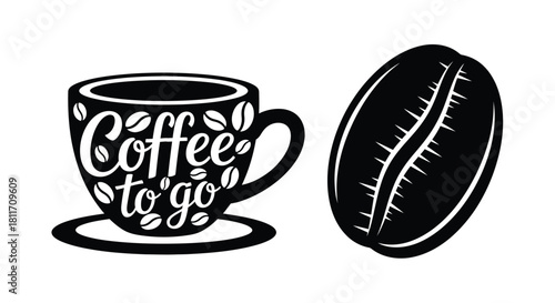 Black and white illustration of a coffee cup and coffee bean design