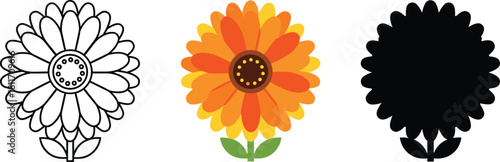 Simple Gerbera Daisy Flower Icon Set - Outline, Color, and Silhouette Vector