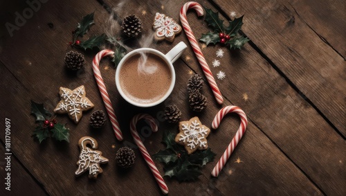 Festive Christmas scene with coffee, candy canes, and cookies on wood.