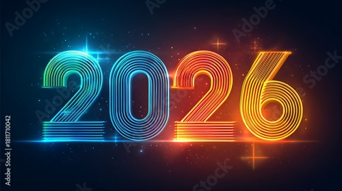2026 in Vibrant Glowing Digital Style with Cool-to-Warm Gradient, Futuristic Technology and Celebration Concept