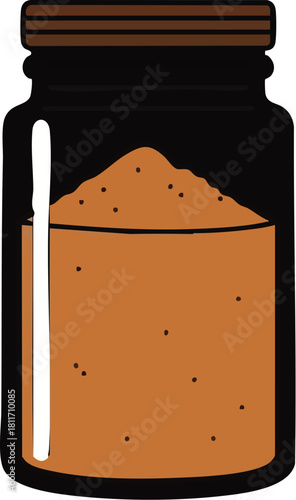 An illustrated dark glass jar filled with a brown powdered spice or seasoning.