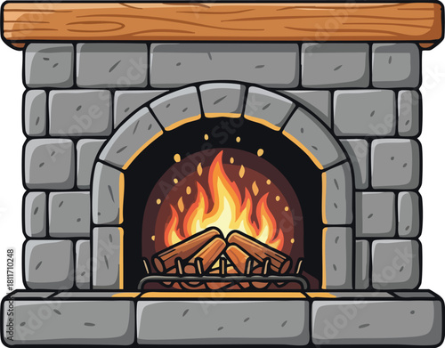A cozy cartoon fireplace made of grey stone bricks with a warm, roaring fire burning logs on a grate.