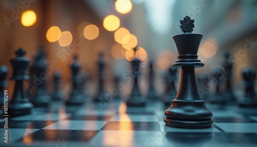 Chess king piece on a board. Strategic business concept. Leadership power strategy concept. Competition challenges success. Financial planning management vision.