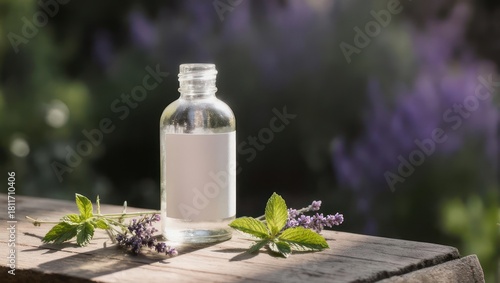 Clear Glass Bottle with Natural Herbs on Wooden Table Outdoors.