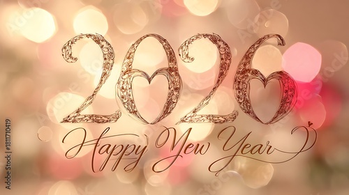 2026 Ornate Decorative Typography with Heart Accents and 'Happy New Year' Script on Bokeh Background, Festive Celebration Concept