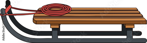 A classic wooden toboggan sled with black metal runners and a coiled red pull rope, isolated on a white background.