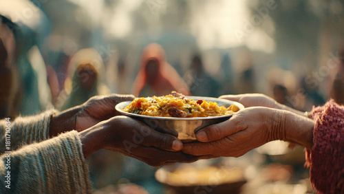 Two pairs of hands exchange a bowl of savory food, representing charity, community, and vital nourishment in a crowded setting.