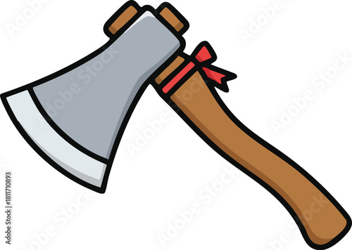 Cartoon axe with a wooden handle and a red ribbon tied around it.