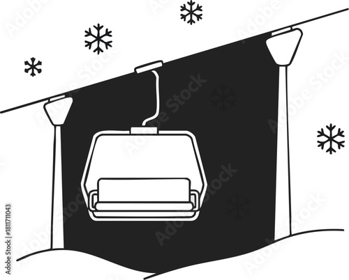 A black and white line art illustration of an empty ski lift chair with falling snow.