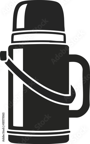 A black and white vector illustration of a thermos flask with a handle, strap, and cup lid, isolated on a white background.