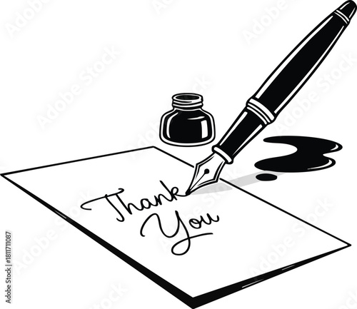 Black and white illustration of a fountain pen writing "Thank You" on a white paper.