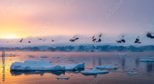 Wallpaper Mural A serene Antarctic landscape at dawn, with icebergs floating on the water and mountains in the distance. Torontodigital.ca