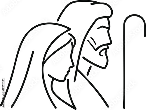Minimalist line art drawing depicting Mary and Joseph in profile with a shepherd's crook, representing the Nativity story.