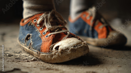 Close-up of severely worn and dirty orange and blue canvas sneakers with holes, standing on a dusty, textured ground.