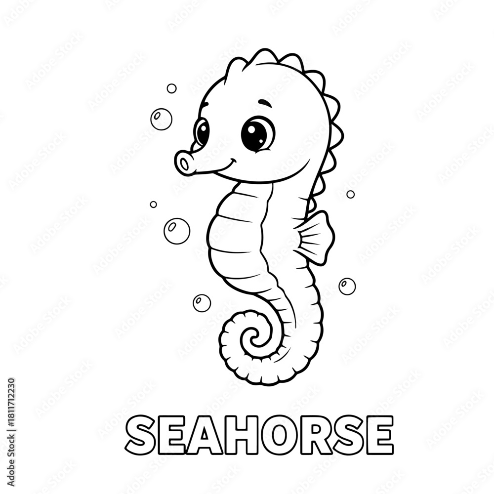 Fototapeta premium Baby Seahorse Floating,Black and White Cartoon Coloring Page