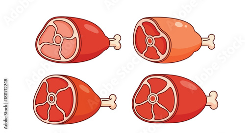 Four cartoon illustrations of ham hocks with visible meat and bone
