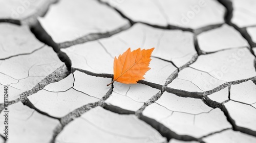 Minimalist Cracked Earth with Bright Orange Leaf in Center