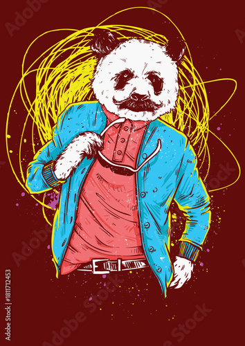 Hipster panda with mustache wearing a blue jacket and glasses