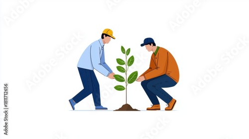 Minimalistic Vector Art of Two People Planting a Young Tree
