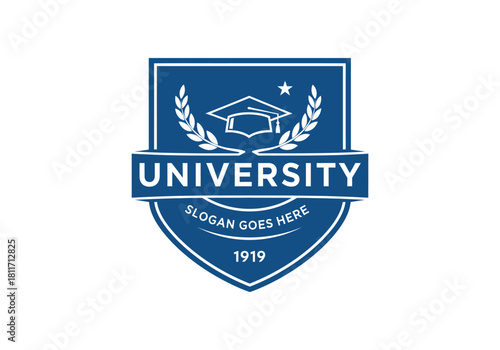 University emblem with graduation cap and laurel wreaths for educational institutions