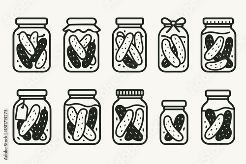 Pickled Cucumber Jars Line Icons Set