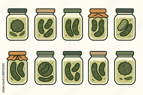 Pickled Cucumber Jar Icons Set