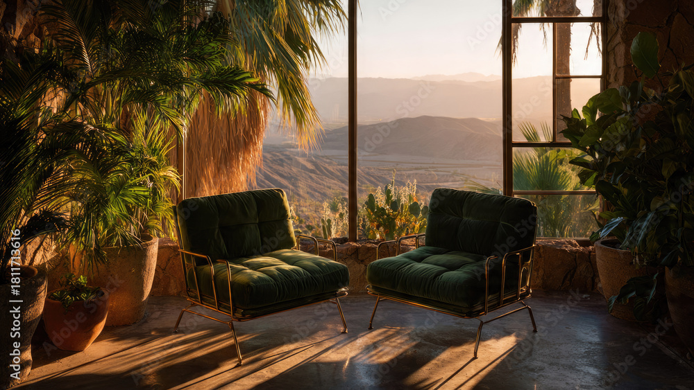 Fototapeta premium Two green velvet armchairs in a sun-drenched desert lounge with panoramic mountain views and lush tropical plants at golden hour.