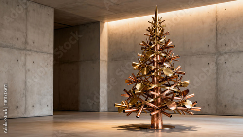 Sculptural copper and brass christmas tree in minimalist concrete gallery, warm wall lighting and polished floor, industrial design statement, concept of contemporary art installation