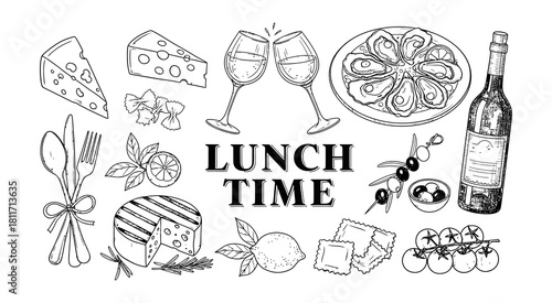 Hand drawn lunch time food assortment with pizza burgers drinks and more