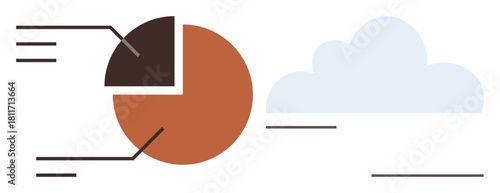 Pie chart with labeled sections representing data distribution next to a cloud, illustrating analytics, cloud storage, data visualization, business strategy, teamwork, digital transformation