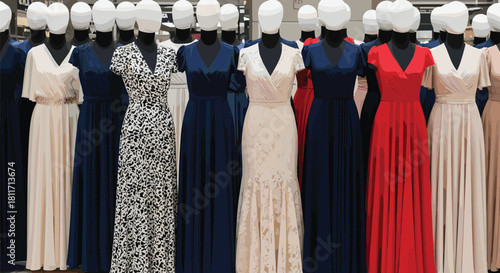 Elegant formal gowns on mannequins, fashion showroom display, evening dresses collection, stylish clothing, luxury attire, boutique style, retail presentation