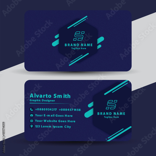 Modern dark blue business card design with teal accents and abstract geometric shapes for professional branding