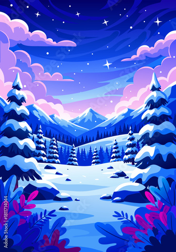 Tranquil winter wonderland landscape with snow covered pine trees in a mountain valley under a magical starry night sky illustration