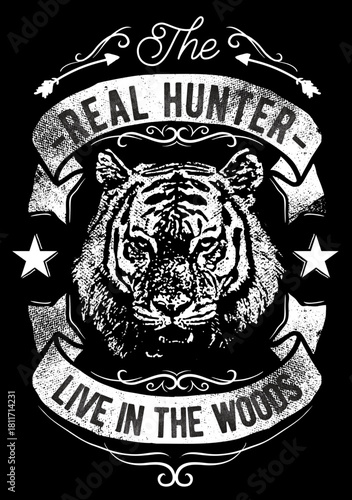 Vintage emblem design featuring a tiger head and text for hunter