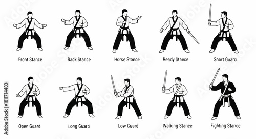 Martial Arts Stances and Guards in Black and White Illustration.