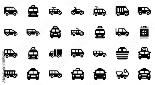 Collection of hand drawn transportation icons featuring cars buses vans and trucks