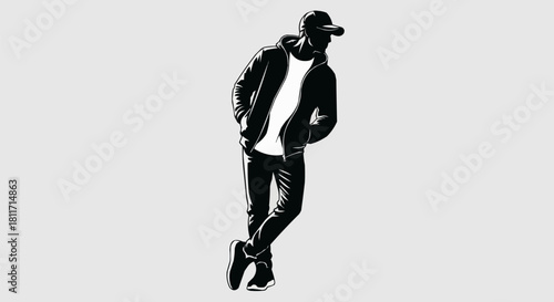 Black and white silhouette of a man in casual urban attire.