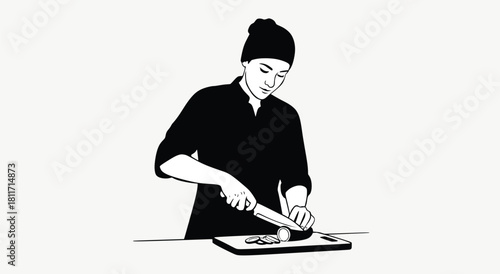 Silhouette Illustration of a Woman Slicing Vegetables on a Cutting Board

