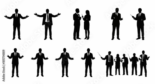 Silhouettes of business people in various poses and interactions.