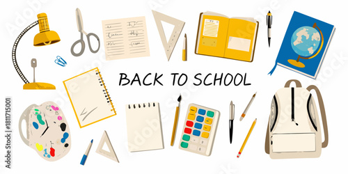 Back to school supplies arrangement on white background illustration