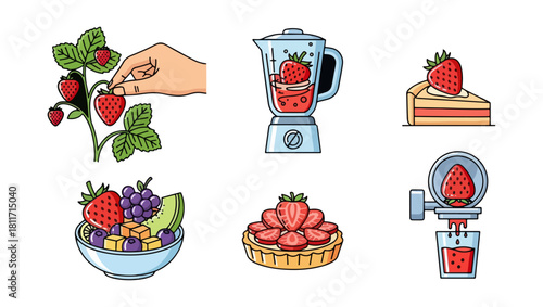Strawberry food preparation and presentation icons