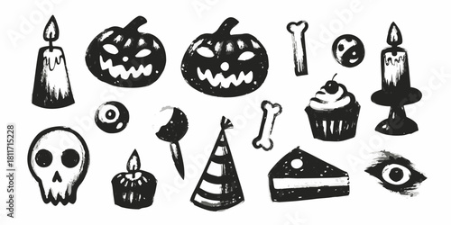 Hand drawn halloween icons and elements in black and white