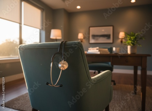 Interior of a serene office with stethoscope draped on a teal armchair, desk in background