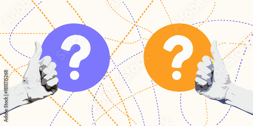 Conceptual illustration of questions and approval thumbs up with question marks
