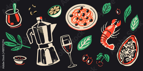 Italian cuisine still life with pasta coffee and seafood illustration