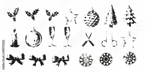 Hand drawn christmas icons in black and white for creative holiday designs