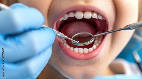 Pediatric dentistry  close up of child s dental exam highlighting care and prevention of oral health