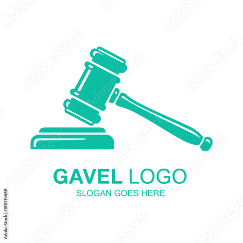Gavel logo design featuring a teal hammer and block symbolizing justice and law